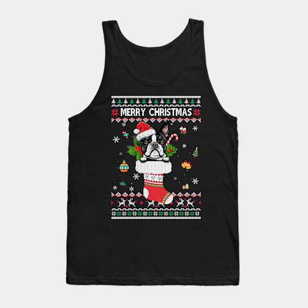 Merry Christmas Boston Terrier In Sock Dog Funny Ugly Xmas Tank Top by Marks Kayla